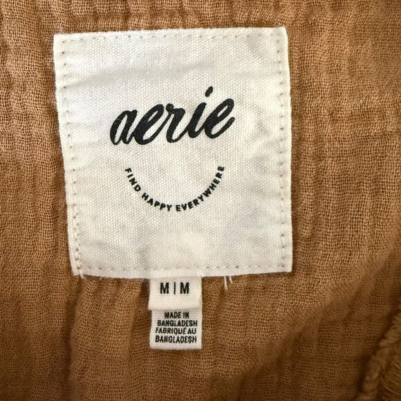 Aerie American Eagle Shirt Tan Women's Medium Crinkle Gauze Button-Up Cotton Top - Picture 8 of 11